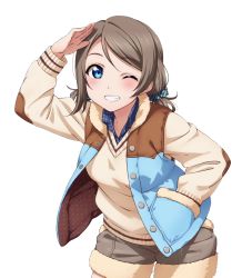Rule 34 | 10s, 1girl, arm up, blue eyes, brown hair, collarbone, cowboy shot, grey shorts, grin, hair ornament, hair scrunchie, hand in pocket, jacket, leaning forward, long hair, looking at viewer, love live!, love live! school idol project, love live! sunshine!!, one eye closed, open clothes, open jacket, salute, scrunchie, short shorts, shorts, sleeveless jacket, smile, solo, standing, sweater, watanabe you