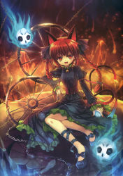 Rule 34 | 1girl, animal ears, bell, braid, capura lin, cat ears, cat girl, cat tail, chain, fang, female focus, highres, kaenbyou rin, multiple tails, nail polish, red hair, red nails, solo, spirit, tail, touhou, twin braids, twintails, wheel