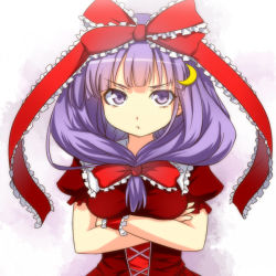Rule 34 | 1girl, breasts, cosplay, crescent, crescent hair ornament, crossed arms, dress, female focus, front ponytail, hair ornament, hair ribbon, kagiyama hina, kagiyama hina (cosplay), long hair, looking at viewer, patchouli knowledge, pout, puffy sleeves, purple eyes, purple hair, red dress, ribbon, short sleeves, solo, tori (minamopa), touhou, upper body, wrist cuffs