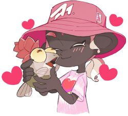 Rule 34 | 1girl, a a2001214, blush, closed eyes, closed mouth, dark-skinned female, dark skin, hat, heart, highres, medium hair, nintendo, octoling, octoling girl, octoling player character, pink headwear, pink shirt, print shirt, shirt, simple background, smallfry (splatoon), splatoon (series), splatoon 3, tentacle hair, upper body, white background