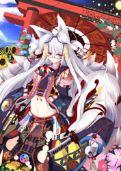 Rule 34 | 1girl, animal ears, arch, bodypaint, bridal gauntlets, cup, day, fingernails, flower, fox, fox ears, fox tail, fur, glasses, highres, japanese clothes, katana, long hair, looking at viewer, midriff, monster, multiple tails, nail art, navel, oil-paper umbrella, orange eyes, original, outdoors, rope, sakazuki, smile, standing, sukage, sunflower, sword, tail, torii, umbrella, very long hair, weapon, white hair