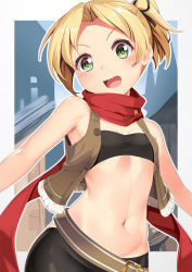 Rule 34 | 1girl, :d, armpit crease, bare shoulders, belt, black pants, black ribbon, black tube top, blonde hair, blush, breasts, brown belt, brown vest, commentary, cosplay, cowboy shot, felt (re:zero), felt (re:zero) (cosplay), green eyes, groin, hair ribbon, highres, kantai collection, looking at viewer, maikaze (kancolle), midriff, navel, open clothes, open mouth, open vest, pants, parted bangs, ponytail, re:zero kara hajimeru isekai seikatsu, red scarf, ribbon, scarf, short hair, sidelocks, small breasts, smile, solo, standing, strapless, tube top, vest, white background, yasume yukito