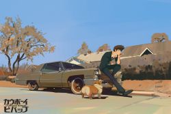 Rule 34 | 1990s (style), 1boy, black footwear, blue sky, brown hair, car, copyright name, cowboy bebop, day, dog, ein (cowboy bebop), fairlane, ford, formal, hand on own cheek, hand on own face, head rest, house, long sleeves, looking up, male focus, motor vehicle, necktie, on vehicle, outdoors, retro artstyle, shoes, short hair, sitting, sky, sleeves rolled up, snatti, spike spiegel, tree, vehicle, vehicle focus, vehicle request, welsh corgi, wide shot