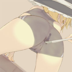 Rule 34 | 1girl, anus, art brush, ass, bad id, bad pixiv id, bent over, blonde hair, bodypaint, false clothes, female focus, from behind, hat, kirisame marisa, looking back, nekoge, nude, paintbrush, painted clothes, painting (action), pussy, solo, spread legs, touhou, uncensored, witch hat, yellow eyes