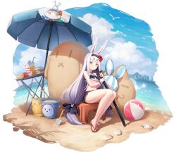 Rule 34 | 1girl, animal, animal ears, artist request, azur lane, bare shoulders, beach, beach umbrella, bikini, bikini skirt, bird, blue sky, bow, breasts, bucket, burger, cloud, cloudy sky, day, drinking straw, feet, flower, food, french fries, fruit, full body, hair bow, hair flower, hair ornament, hairband, hibiscus, highres, ice cream, ice cream cup, katana, legs, long hair, looking at viewer, low-tied long hair, manjuu (azur lane), navel, official art, rabbit ears, sand, sand sculpture, sandals, seagull, seashell, shadow, sheath, sheathed, shell, shimakaze (azur lane), shimakaze (the island wind rests) (azur lane), shiny skin, shovel, simple background, sitting, sky, small breasts, smile, solo, stomach, swimsuit, sword, table, thighs, toenails, toes, umbrella, water, weapon, white hair, wrist cuffs, yellow eyes