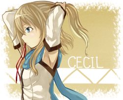 Rule 34 | 1girl, arms up, blonde hair, blue eyes, blue scarf, closed mouth, detached sleeves, female focus, highres, judo fuu, long hair, mouth hold, original, ponytail, scarf, solo, straight hair