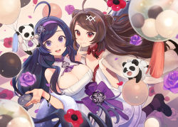 Rule 34 | 2girls, :d, ahoge, animal, ascot, azur lane, balloon, bare shoulders, black footwear, black legwear, blurry, blurry foreground, blush, breasts, brown hair, cleavage, closed mouth, clothed animal, collared shirt, commentary request, depth of field, double bun, dress, feather boa, flower, food, food on face, hair bun, hair ornament, hairband, hand up, highres, jacket, large breasts, long hair, multiple girls, ning hai (azur lane), open clothes, open jacket, open mouth, panda, pantyhose, ping hai (azur lane), purple ascot, purple eyes, purple flower, purple hair, purple hairband, purple rose, red eyes, red flower, rose, shirt, shoes, sleeveless, sleeveless dress, smile, swept bangs, very long hair, white dress, white jacket, white shirt, x hair ornament, yuko (uc yuk)