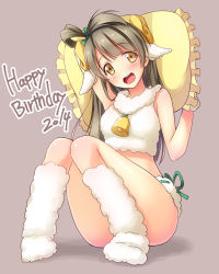 Rule 34 | 10s, 1girl, 2014, :d, animal costume, animal ears, bell, blush, boots, breasts, brown hair, crop top, frilled pillow, frills, fur, fur boots, happy birthday, highres, horns, knees together feet apart, long hair, looking at viewer, love live!, love live! school idol festival, love live! school idol project, minami kotori, open mouth, pillow, ribbon-trimmed underwear, ribbon trim, sheep costume, sheep ears, sheep horns, sitting, smile, solo, thighs, underwear, yellow eyes, yu-ta