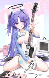 Rule 34 | 1girl, absurdres, alternate costume, amplifier, blue archive, blush, breasts, can, commentary, crop top, denim, denim shorts, electric guitar, energy drink, full body, grin, guitar, hair ornament, hair ribbon, halo, heart, highres, holding, holding guitar, holding instrument, holding plectrum, instrument, long hair, long sleeves, looking at viewer, medium breasts, microphone, monster energy, murabana44, music, open mouth, playing instrument, plectrum, purple eyes, purple hair, ribbon, shirt, shorts, sitting, smile, solo, thighs, two side up, v, very long hair, wariza, yuuka (blue archive)