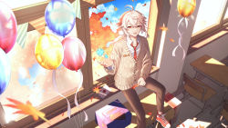 Rule 34 | 1boy, absurdres, balloon, classroom, commentary request, genshin impact, gloves, hair between eyes, happy birthday, highres, hwaen, kaedehara kazuha, korean commentary, leaf, long hair, male focus, multicolored hair, necktie, open mouth, pants, ponytail, red eyes, red hair, simple background, streaked hair, uniform, white hair