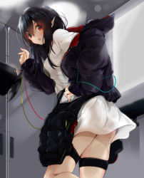 Rule 34 | 1girl, arknights, black hair, black jacket, closure (arknights), commentary request, cowboy shot, hair between eyes, indoors, jacket, kagino, long hair, long sleeves, looking at viewer, looking to the side, open clothes, open jacket, open mouth, pointy ears, red eyes, shirt, solo, standing, thigh strap, white shirt