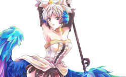 Rule 34 | 1girl, armpits, arms up, breasts, brown eyes, choker, cleavage, crown, detached sleeves, dress, gwendolyn (odin sphere), highres, low wings, medium breasts, multicolored wings, odin sphere, polearm, pteruges, rito (ritostyle), short hair, showgirl skirt, silver hair, solo, spear, strapless, strapless dress, very short hair, weapon, white background, wings
