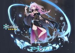 Rule 34 | 1girl, ardenlolo, artist name, black cape, black dress, bracer, breasts, cape, character name, cleavage, commentary, detached sleeves, dress, english commentary, floating hair, genshin impact, gold footwear, head tilt, high heels, holding, holding scythe, hololive, hololive english, ice, long hair, looking at viewer, mori calliope, nail polish, paid reward available, parody, pink hair, red eyes, scythe, single detached sleeve, single sleeve, single thighhigh, smile, solo, spikes, star (symbol), style parody, thighhighs, tiara, twitter logo, veil, virtual youtuber, watermark