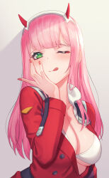 Rule 34 | 1girl, :q, bikini, bikini under clothes, blunt bangs, blush, breasts, cleavage, commission, darling in the franxx, gradient background, green eyes, grey background, hairband, hand on own face, highres, jacket, kangbus, large breasts, long hair, long sleeves, looking at viewer, nail polish, open clothes, open shirt, pink hair, pixiv commission, red jacket, red nails, smile, solo, swimsuit, tongue, tongue out, upper body, white bikini, white hairband, zero two (darling in the franxx)
