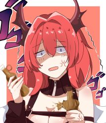 Rule 34 | 1girl, akabeko123, anger vein, arknights, bare shoulders, black dress, breasts, cleavage, demon horns, dress, food, hair between eyes, highres, holding, holding food, horns, large breasts, long hair, looking at viewer, open mouth, purple eyes, red hair, shaded face, solo, surtr (arknights), trembling, upper body, very long hair