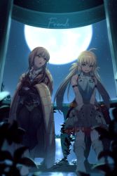 Rule 34 | 2girls, ahoge, armlet, artoria caster (fate), artoria caster (first ascension) (fate), artoria pendragon (fate), bare shoulders, black bodysuit, blonde hair, blush, bodysuit, boots, buttons, commentary request, crossed arms, echo (circa), english text, fate/grand order, fate (series), frills, gloves, green eyes, grey footwear, grey gloves, hair between eyes, cnoc na riabh (fate), long hair, looking at another, medb (fate), moon, multiple girls, night, night sky, open mouth, panties, pink hair, plant, pocket, scarf, sky, sleeveless, standing, thighs, twintails, underwear, very long hair, yellow eyes