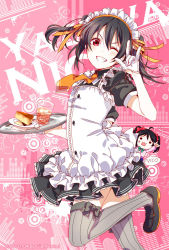 Rule 34 | 10s, 1girl, artist name, bad id, bad pixiv id, black hair, character name, d midiror, dated, food, frills, gloves, grin, looking at viewer, love live!, love live! school idol project, m/, maid, maid headdress, necktie, one eye closed, red eyes, smile, solo, striped clothes, striped thighhighs, thighhighs, tray, twintails, waitress, white gloves, yazawa nico, zettai ryouiki