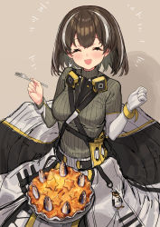 Rule 34 | 1girl, ^ ^, arknights, bird mask, blush, breasts, brown background, brown hair, closed eyes, clothes around waist, commentary, cowboy shot, earrings, fish, food, fork, from above, gloves, grey sweater, happy, highres, holding, holding fork, jewelry, charm (object), long sleeves, looking at viewer, magallan (arknights), magallan (elite ii) (arknights), mask, mask around neck, medium breasts, multicolored hair, open mouth, pie, rhine lab logo, ribbed sweater, shadow, short hair, sigm@, silver hair, simple background, single earring, single glove, sitting, smile, solo, star (symbol), strap, streaked hair, sweater, symbol-only commentary, the emperor (arknights), turtleneck, turtleneck sweater, two-tone hair, white gloves, wristband