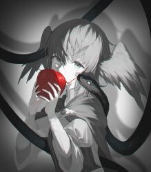 Rule 34 | 1girl, apple, bird wings, brooch, capelet, commentary, covered mouth, dated, drop shadow, english commentary, expressionless, feathered wings, final fantasy, final fantasy xiv, food, from side, fruit, grey background, greyscale, hands up, head wings, highres, holding, holding food, holding fruit, jewelry, looking at viewer, meteion, monochrome, mt (ringofive), puffy sleeves, short hair, signature, simple background, snake, solo, spot color, upper body, wings