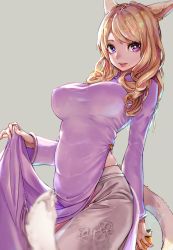 Rule 34 | 1girl, animal ears, warrior of light (ff14), blonde hair, blue eyes, blush, breasts, cat ears, cat tail, character request, clothes lift, dress, dress lift, final fantasy, final fantasy xiv, grey background, heterochromia, highres, holding, large breasts, lips, long hair, looking at viewer, mole, mole under mouth, open mouth, parted lips, pelvic curtain, potion lilac(popopotionu), purple dress, purple eyes, simple background, skindentation, smile, solo, tail, vietnamese dress, wavy hair