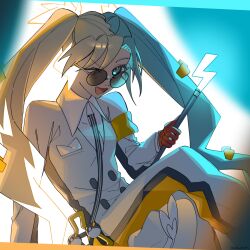 Rule 34 | 1girl, armband, cane, creatures (company), electric miku (project voltage), game freak, gloves, hatsune miku, holding, holding cane, jumpsuit, kiki1109, lightning bolt symbol, long hair, multicolored hair, nintendo, one eye closed, open mouth, poke ball, pokemon, project voltage, red gloves, sunglasses, twintails, two-tone hair, ultra ball, very long hair, vocaloid, waist poke ball, yellow armband