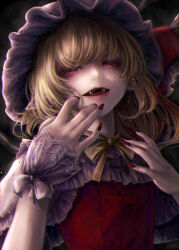 Rule 34 | 1girl, \||/, adapted costume, blonde hair, eyebrows hidden by hair, eyelashes, fangs, flandre scarlet, flat chest, from below, hands up, hat, highres, light particles, long hair, looking at viewer, mizuhichi, mob cap, nail polish, open mouth, pointy ears, red eyes, red vest, smile, solo, swept bangs, touhou, upper body, vampire, vest, wings, wrist cuffs