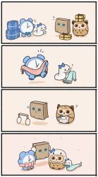 Rule 34 | 4koma, 4others, ?, absurdres, alarm clock, bag, bird, blue bow, boros (ouro kronii), bow, bowtie, chibi, clock, comic, commentary, earmuffs, english commentary, friend (nanashi mumei), gift, hat, highres, hololive, hololive english, hootsie (nanashi mumei), kronie (ouro kronii), mpien, multiple others, owl, pajamas, paper bag, scarf, silent comic, snake, sparkle, virtual youtuber, white snake