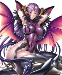 Rule 34 | 1girl, ass, bare shoulders, black thighhighs, boots, breasts, commentary request, covered navel, curvy, demon girl, demon horns, demon tail, demon wings, elbow gloves, female focus, fishnets, fuuma saika, gloves, highleg, highleg leotard, highres, hip focus, horns, huge ass, impossible clothes, impossible leotard, large breasts, leotard, lilith-soft, lipstick, long hair, looking at viewer, makeup, mole, mole under eye, nipples, pale skin, parted lips, partially visible vulva, purple hair, purple leotard, red eyes, shiny clothes, shiny skin, sitting, skin tight, smile, solo, spread legs, sweat, tail, taimanin (series), taimanin asagi kessen arena, teeth, thighhighs, thighs, third eye, wings, zol