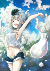 Rule 34 | 1girl, armpits, arms behind head, arms up, bare arms, bare shoulders, black hairband, blue sky, blunt bangs, breasts, closed mouth, cloud, cloudy sky, collarbone, commentary request, cowboy shot, crop top, day, green shorts, groin, hairband, happy, highres, hood, hood down, hoodie, konpaku youmu, konpaku youmu (ghost), looking at viewer, medium breasts, midriff, navel, open fly, open mouth, panties, pegashi, pocket, short shorts, shorts, sideboob, silver hair, sky, sleeveless, sleeveless hoodie, smile, solo, standing, stomach, string panties, striped clothes, striped panties, teeth, touhou, underwear, unzipped, upper teeth only, zipper