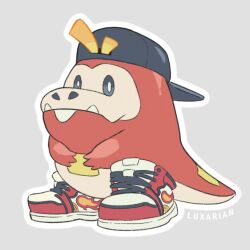 Rule 34 | backwards hat, baseball cap, black hat, bright pupils, creatures (company), fangs, fangs out, flame print, fuecoco, game freak, grey background, hands on own chest, hat, highres, looking at viewer, luxarian, meme, nintendo, nostrils, outline, pokemon, red footwear, shoe strap, shoes, signature, sneakers, tagme, tail, white outline, white pupils