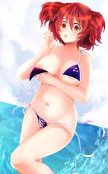 Rule 34 | 1girl, absurdres, bikini, blue bikini, blush, breasts, commentary, dungeon toaster, english commentary, hair bobbles, hair ornament, highres, horizon, large breasts, looking at viewer, navel, nipple slip, nipples, ocean, onozuka komachi, open mouth, outdoors, red eyes, red hair, solo, standing, summer, swimsuit, touhou, two side up, wardrobe malfunction