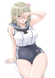 Rule 34 | 1girl, alternate costume, black one-piece swimsuit, blue sailor collar, blush, breasts, collarbone, cosplay, ear piercing, flower, glasses, green eyes, hair flower, hair ornament, highres, kantai collection, katori (kancolle), kayano ai, large breasts, light brown hair, long hair, one-piece swimsuit, open mouth, piercing, pink flower, ro-500 (kancolle), ro-500 (kancolle) (cosplay), sailor collar, sailor shirt, school swimsuit, shirt, simple background, sleeveless, sleeveless shirt, solo, swimsuit, swimsuit under clothes, takomeshi, voice actor connection, white background, white shirt