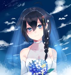Rule 34 | 1girl, ahoge, bare shoulders, bird, blue eyes, blue sky, blush, bouquet, braid, breasts, bridal veil, choker, cleavage, closed mouth, cloud, collarbone, day, dress, elbow gloves, flower, gloves, hair between eyes, hair flaps, hair ornament, hair over shoulder, happy tears, head tilt, highres, holding, holding bouquet, kantai collection, long hair, medium breasts, outdoors, punya, remodel (kantai collection), shigure (kancolle), sidelocks, single braid, sky, smile, tearing up, tears, upper body, veil, wedding dress, white choker, white dress, white gloves