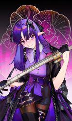 Rule 34 | 1girl, arknights, black jacket, flower, flute, gloves, hibiscus (arknights), hibiscus the purifier (arknights), highres, holding, holding instrument, horns, instrument, jacket, layered clothes, long hair, looking at viewer, pointy ears, purple eyes, purple hair, purple shirt, shirt, smile, yi zhi zhiliao zhiliaoliaoliao