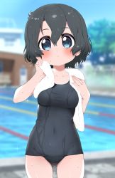 Rule 34 | 1girl, alternate costume, bare shoulders, black hair, blue eyes, blue one-piece swimsuit, blush, commentary request, cowboy shot, highres, kaban (kemono friends), kemono friends, no headwear, no headwear, one-piece swimsuit, pool, ransusan, school swimsuit, short hair, sleeveless, solo, sparkle, swimsuit, towel, towel around neck, water drop