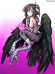 Rule 34 | 1girl, animal hands, artist name, ava (orc massage), bags under eyes, bare shoulders, bird legs, black feathers, black hair, black wings, blush, breasts, claws, dated, feathered wings, feathers, gradient background, hair between eyes, hair ornament, harpy, highres, jacket, lazyartz11037, looking at viewer, mask, mask on head, monster girl, multicolored hair, orc massage, pink background, pink eyes, pink hair, ponytail, small breasts, solo, tail, talons, white background, white jacket, wings