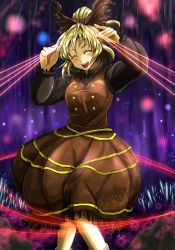 Rule 34 | 1girl, :d, ^ ^, blonde hair, blush, bow, breasts, brown bow, brown dress, dress, closed eyes, futagojima, hair bow, highres, knees together feet apart, kurodani yamame, long sleeves, medium breasts, open mouth, puffy long sleeves, puffy sleeves, short hair, smile, solo, string around finger, thread, touhou