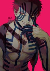 Rule 34 | abs, akaza (kimetsu no yaiba), bare shoulders, blood, blood on chest, blood on face, body markings, collarbone, colored sclera, facial mark, fang, fang out, fangs, fangs out, fingernails, green sclera, ichimatsu (odoro lol), japanese clothes, kimetsu no yaiba, looking at viewer, male focus, muscular, muscular male, nail polish, navel, pectorals, pink background, pink hair, pink nails, short hair, smile, solo, symbol-shaped pupils, teeth, text in eyes, upper body, watermark, yellow eyes