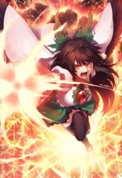 Rule 34 | 1girl, aiming, aiming at viewer, arm cannon, black hair, black thighhighs, black wings, bow, breasts, cape, fire, green bow, green skirt, hair bow, kaiza (rider000), large breasts, long hair, looking at viewer, open mouth, puffy short sleeves, puffy sleeves, radiation symbol, red eyes, reiuji utsuho, shirt, short sleeves, skirt, solo, teeth, thighhighs, third eye, touhou, weapon, white shirt, wings