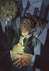 Rule 34 | 2boys, animal ears, black necktie, black suit, blood, blood on clothes, blood on hands, body fur, cigarette, city, closed mouth, collared shirt, fingernails, formal, furry, furry male, hand up, highres, holding, holding lighter, leopard boy, leopard ears, lighter, llishifu, long sleeves, looking at viewer, male focus, multiple boys, necktie, orange fur, original, outdoors, sharp fingernails, shirt, smoking, solo, standing, suit, tiger boy, tiger ears, upper body, whiskers, white shirt, yellow eyes, yellow fur