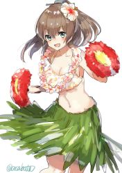 Rule 34 | 1girl, alternate costume, bikini, bikini top only, breasts, brown hair, cleavage, collarbone, cowboy shot, dancing, floral print, flower, flower necklace, grass skirt, hair flower, hair ornament, highres, hula, jewelry, kantai collection, kumano (kancolle), lei, long hair, looking at viewer, medium breasts, navel, necklace, one-hour drawing challenge, ponytail, simple background, smile, solo, swimsuit, twitter username, white background, yamashichi (mtseven)