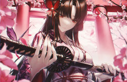 Rule 34 | 1girl, blurry, blurry foreground, breasts, brown hair, bug, butterfly, butterfly hair ornament, cherry blossoms, closed mouth, day, drawing sword, floral print, grimlight, hair ornament, hair over shoulder, holding, holding sword, holding weapon, insect, japanese clothes, kaguya (grimlight), kimono, long hair, long sleeves, looking down, medium breasts, parted bangs, pink kimono, print kimono, purple butterfly, red butterfly, red eyes, sidelocks, solo, sword, torii, tree, und0, upper body, weapon