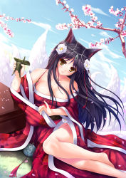Rule 34 | 1girl, absurdres, ahri (league of legends), animal ears, bare shoulders, barefoot, black hair, blush, breasts, brown eyes, cherry blossoms, cleavage, collarbone, detached sleeves, dutch angle, facial mark, floral print, flower, fox ears, fox tail, hair flower, hair ornament, highres, huge breasts, japanese clothes, league of legends, long hair, multiple tails, parted lips, petals, sitting, smile, solo, sui sui baihu jiu wei pang pang, tail, very long hair, wide sleeves, wind