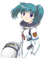 Rule 34 | 1girl, aqua hair, blush, chibi, closed mouth, dot nose, honjou mikaze, lowres, purple eyes, simple background, solo, spacesuit, stratos 4, white background