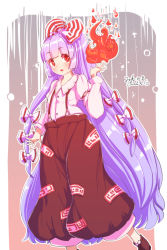 Rule 34 | 1girl, :o, bow, collared shirt, fire, fire, flat chest, footwear bow, fujiwara no mokou, furim, hair bow, highres, juliet sleeves, long hair, long sleeves, looking at viewer, ofuda, ofuda on clothes, pants, puffy sleeves, purple hair, red eyes, shirt, shoes, solo, suspenders, touhou, very long hair