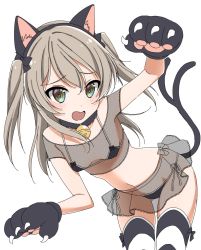 Rule 34 | 1girl, animal ear fluff, animal ears, animal hands, bell, blush, breasts, brown eyes, cat, cat ears, cat girl, cat paws, cat tail, child, fang, girls und panzer, gloves, grey hair, hair between eyes, highres, jingle bell, kemonomimi mode, leaning forward, looking at viewer, micro bra, open mouth, panties, paw gloves, paw pose, ruruepa, see-through, shimada arisu, side-tie panties, skindentation, small breasts, solo, tail, tail raised, thighhighs, twintails, underwear, zettai ryouiki