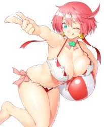 Rule 34 | 1girl, ;d, ahoge, ball, beachball, bikini, blue eyes, blush, breasts, cleavage, clover, curvy, earrings, elphelt valentine, covered erect nipples, female focus, four-leaf clover, guilty gear, guilty gear xrd, hair ribbon, jewelry, jumping, large breasts, looking at viewer, navel, one eye closed, onsoku inu, open mouth, pink hair, ribbon, short hair, side-tie bikini bottom, simple background, smile, solo, swimsuit, tongue, tongue out, wide hips