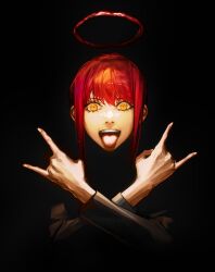 Rule 34 | 1girl, black background, blood, blood halo, chainsaw man, deka yo, formal, halo, highres, liquid halo, looking at viewer, makima (chainsaw man), maximum the hormone, open mouth, red hair, ringed eyes, smile, solo, suit, tagme, tongue, tongue out, yellow eyes