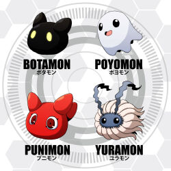 Rule 34 | black eyes, botamon, digimon, digimon (creature), floating, highres, poyomon, punimon, red eyes, yuramon