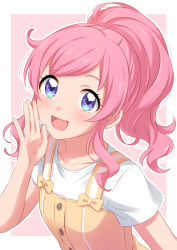 Rule 34 | 1girl, absurdres, bad id, bad twitter id, blue eyes, blush, border, bow, collarbone, commentary, hand on own cheek, hand on own face, high ponytail, highres, kiratto pri chan, looking at viewer, momoyama mirai, multicolored eyes, open mouth, overalls, pink background, pink hair, pretty series, purple eyes, sekina, shirt, sidelocks, smile, solo, suspenders, t-shirt, upper body, white border